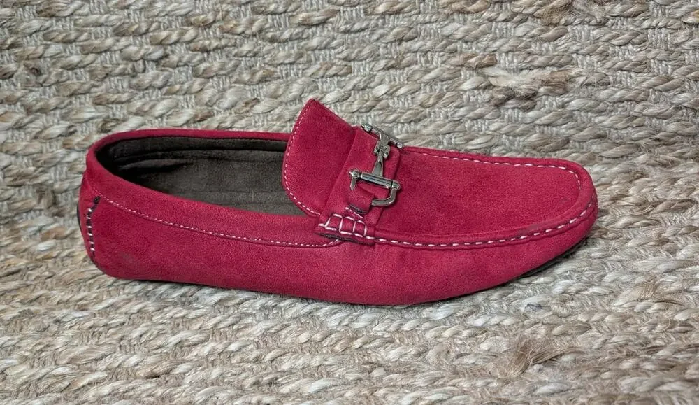 David Stone Mens Red Faux Suede Silver Bit Driving Shoes Loafers Size 11 Moc Toe